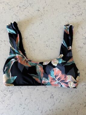 Roxy Floral Scoop Neck Bikini Top in Black with Coral & Teal Blooms